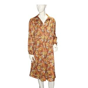 Handmade Floral Long Sleeve Dress Brown Yellow Vintage Style